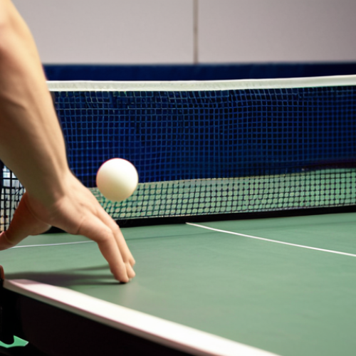 A highly detailed, cinematic close-up of a table tennis player executing a deceptive short serve. Focus on the delicate, precise wrist movement and the subtle contact with the ball, imparting heavy spin. The ball is barely clearing the net, showing a low, tricky trajectory, as if performing "the art of illusion". The player's face shows intense concentration. Soft, strategic lighting. Professional sports photography style.