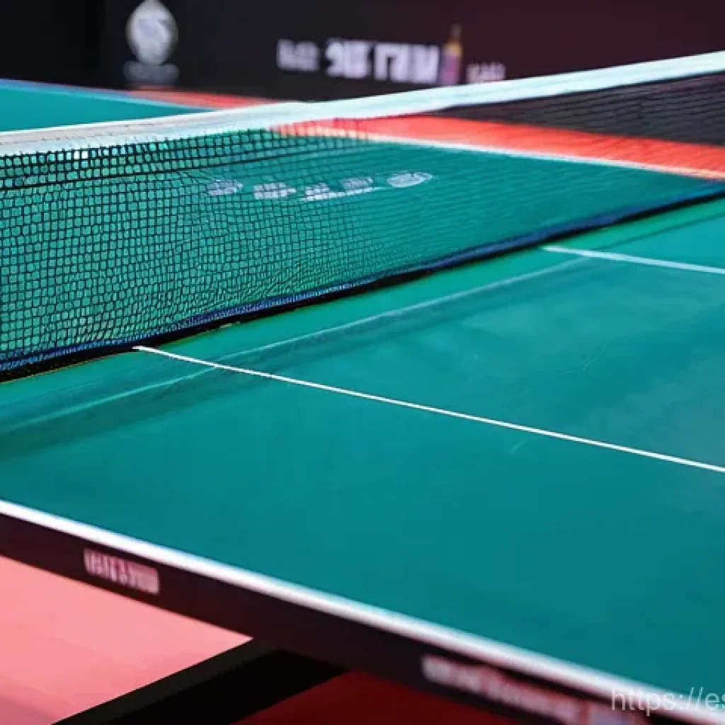 탁구 네트 높이 규칙 - A close-up, eye-level shot of a perfectly tensioned table tennis net set at the precise ITTF regulat...