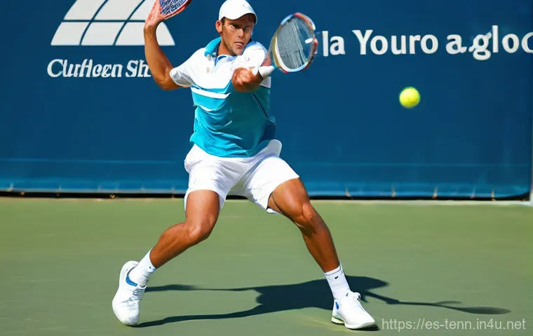 테니스 서브 연습법 - **Dynamic Tennis Serve: The Power Core**
A highly athletic male tennis player, captured mid-acti...