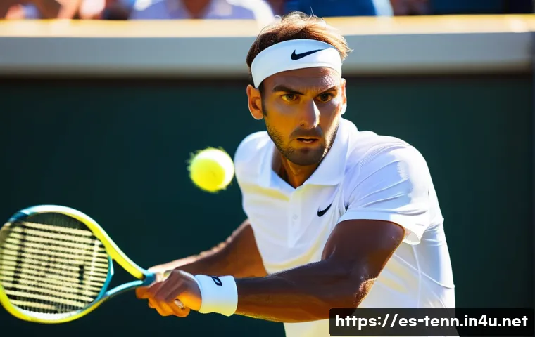 테니스 스트링 텐션 조절 가이드 - A dynamic close-up shot of a professional tennis player gripping a modern tennis racket tightly, foc...