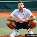 Home 20 테니스와 멘탈 관리 - A focused male tennis player in his mid-20s on a sunny outdoor clay court, wearing a white athletic ...