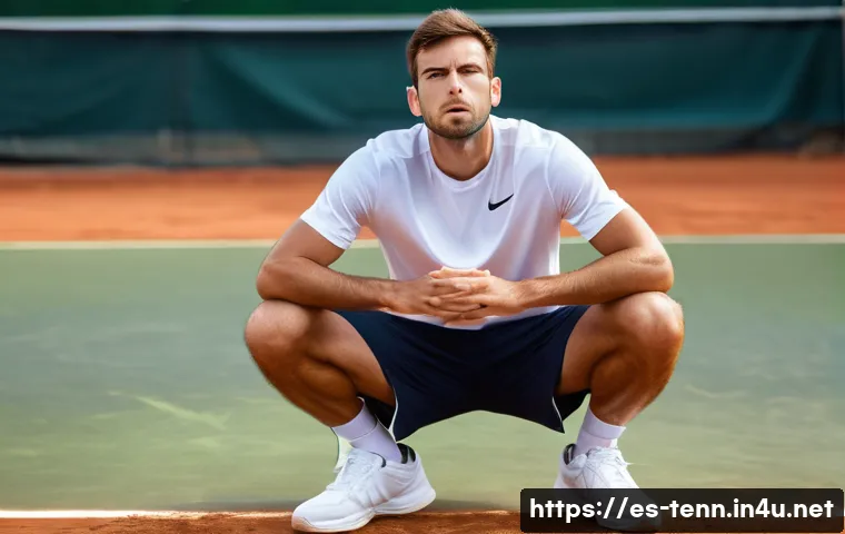 테니스와 멘탈 관리 - A focused male tennis player in his mid-20s on a sunny outdoor clay court, wearing a white athletic ...