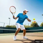 Home 19 테니스 입문자의 장비 예산 - A beginner tennis player wearing comfortable, moisture-wicking sportswear including a light-colored ...