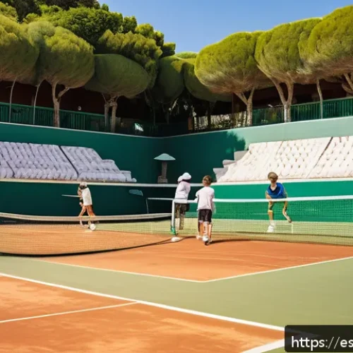 Home 30 테니스의 글로벌 인기 요인 - A vibrant tennis club scene in Spain during a sunny afternoon, featuring diverse families and childr...