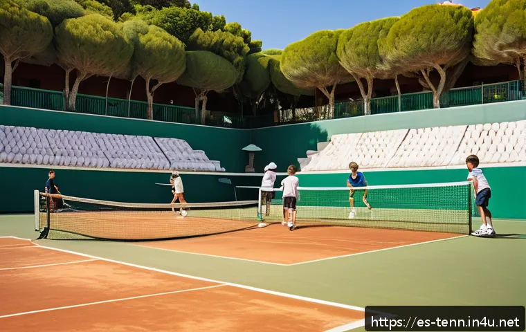 테니스의 글로벌 인기 요인 - A vibrant tennis club scene in Spain during a sunny afternoon, featuring diverse families and childr...