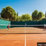 Home 23 테니스와 탁구 경기의 운동 효과 - A vibrant outdoor tennis court scene in a sunny Madrid park, featuring a diverse group of adult play...