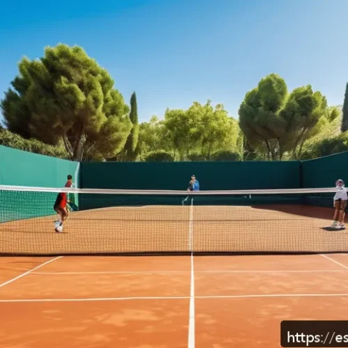 Home 17 테니스와 탁구 경기의 운동 효과 - A vibrant outdoor tennis court scene in a sunny Madrid park, featuring a diverse group of adult play...