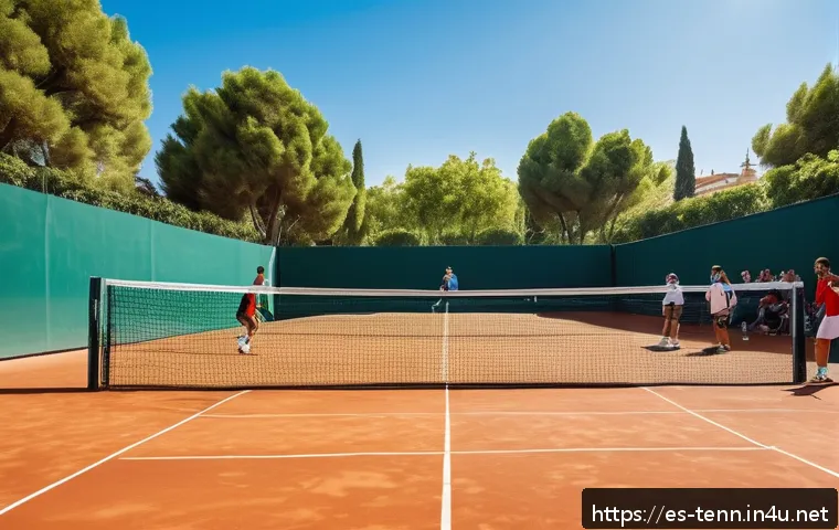 테니스와 탁구 경기의 운동 효과 - A vibrant outdoor tennis court scene in a sunny Madrid park, featuring a diverse group of adult play...