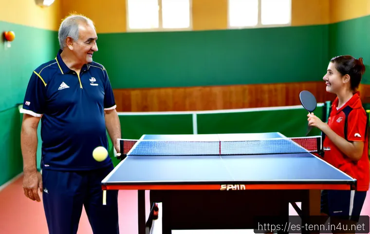 Home 30 탁구 클럽 가입 방법 - Photorealistic wide shot of a welcoming community table tennis club in Spain, a middle-aged newcomer...