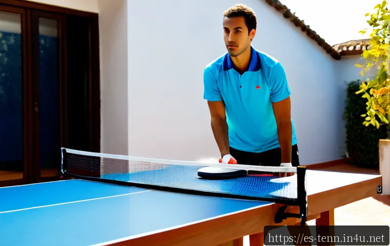 탁구 랠리 연습 도구 - Photorealistic home table tennis practice scene, a focused adult player in modest athletic clothing ...