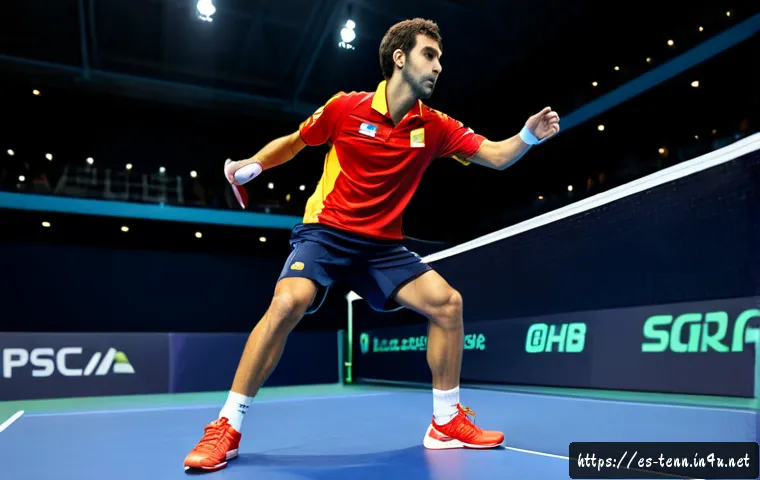 Home 17 탁구 유명 선수의 플레이 분석 - Photorealistic sports analysis scene featuring an elite Spanish table tennis player in a red-and-yel...