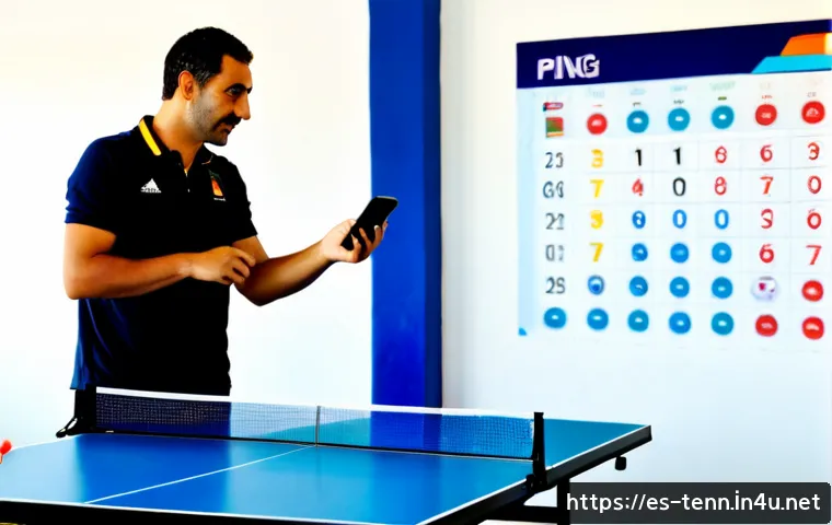 Home 17 탁구 대회 일정 확인법 - Photorealistic Spanish-speaking adult checking a local table tennis tournament schedule on a smartph...