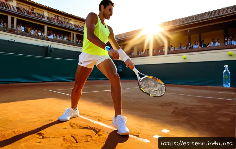 테니스 대회 예선전 준비 - Photorealistic early-morning tennis qualifying tournament preparation at a sunlit clay court in Spai...